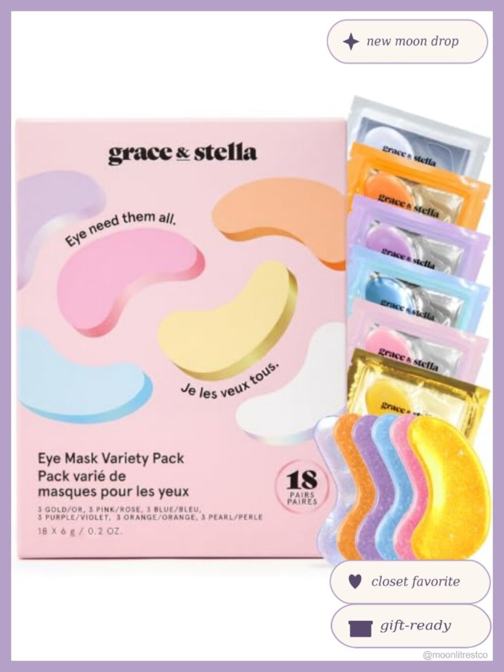 Grace & Stella Under Eye Patches 18 Pairs Variety Pack Hyaluronic Acid Peptides